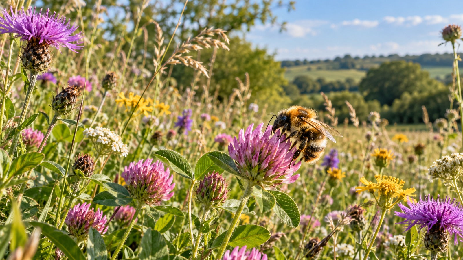 A common carder bumblebee feeding among wildflowers in a sunny British meadow.